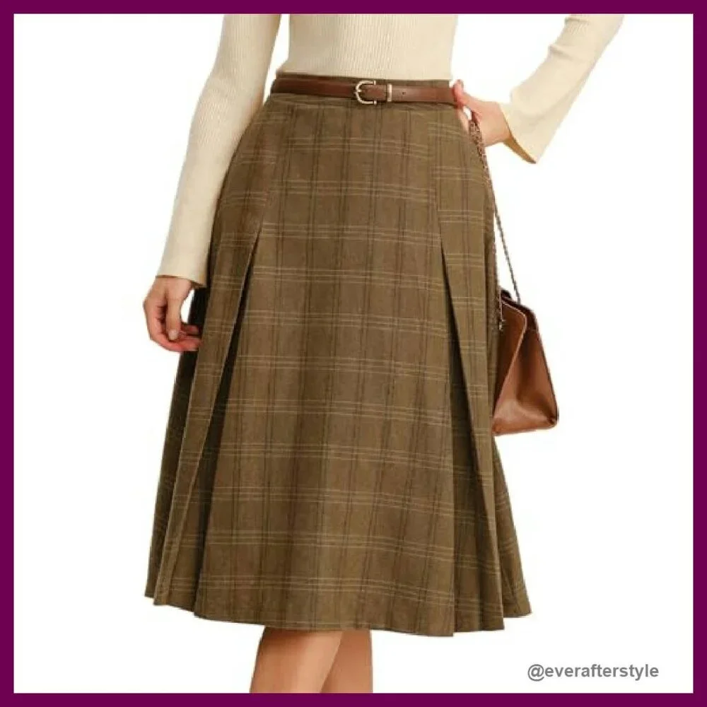 Vintage Plaid A-Line Midi Skirt High Waist Elegant Retro Wool-Blend Pockets - Picture 2 of 6
